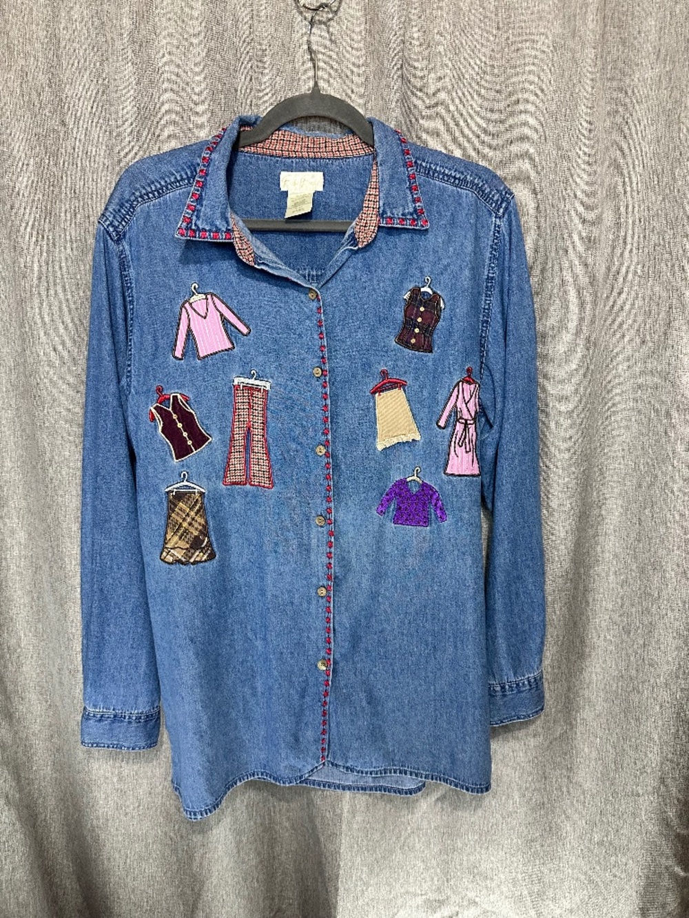 Vintage Bobbie Brooks Novelty Denim Button Up Shirt - Clothing Motif Embroidery